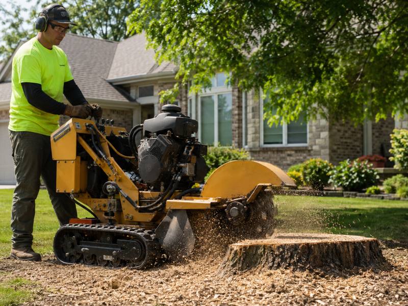 Grinder cutting into a stump on a suburban front lawn