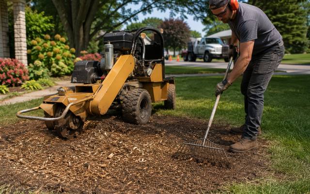 Raking out the chip after a stump has been ground level