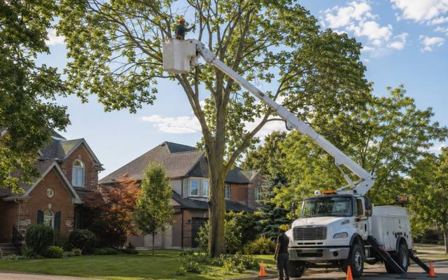 Bucket truck raised into a street tree from the road
